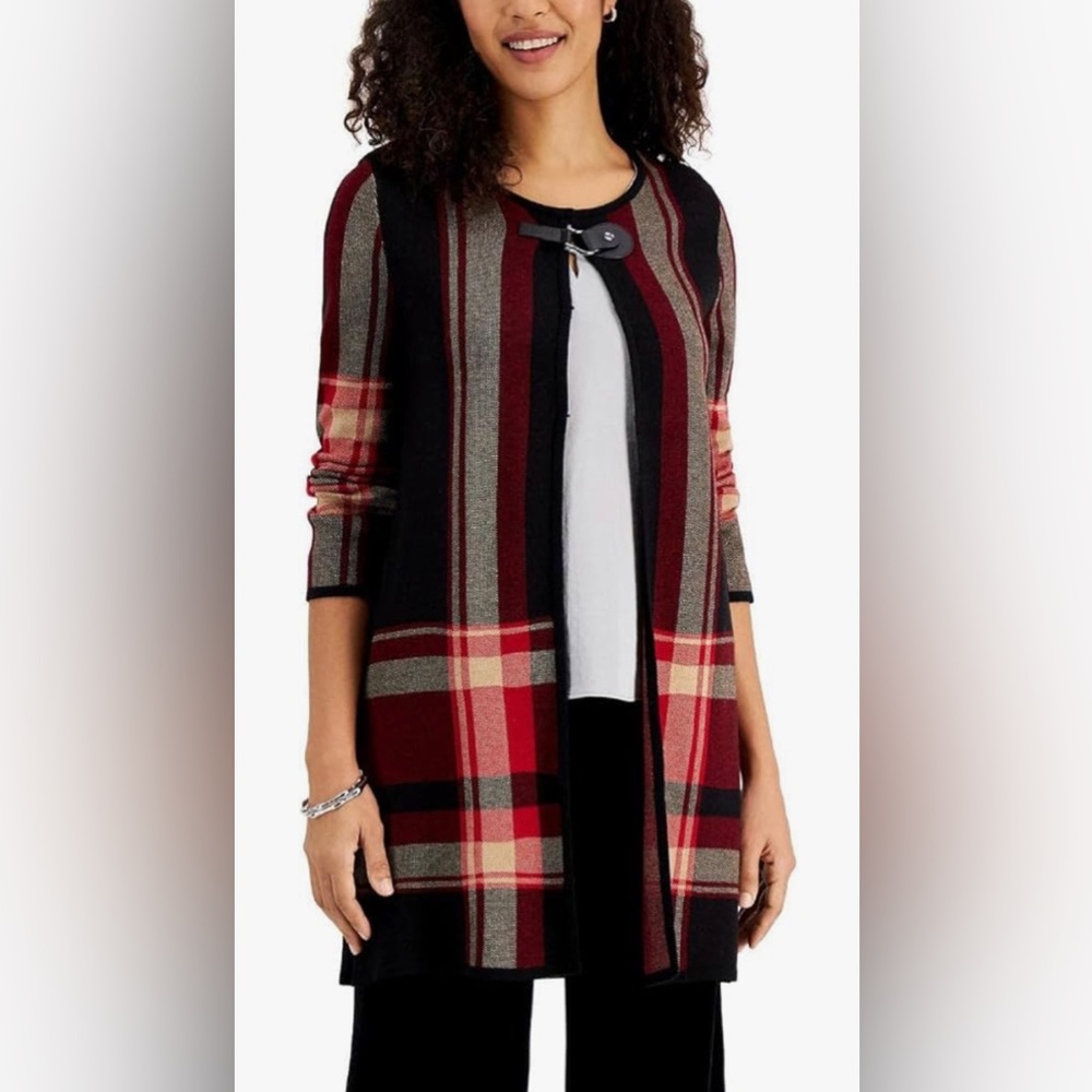 kasper plaid duster with hooks